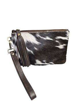 Cowhide Wristlet Clutch in Black & White with Brown Strap